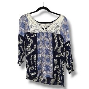 Bila Blue Floral Crochet Trim Peasant Blouse Bohemian Top Medium‎